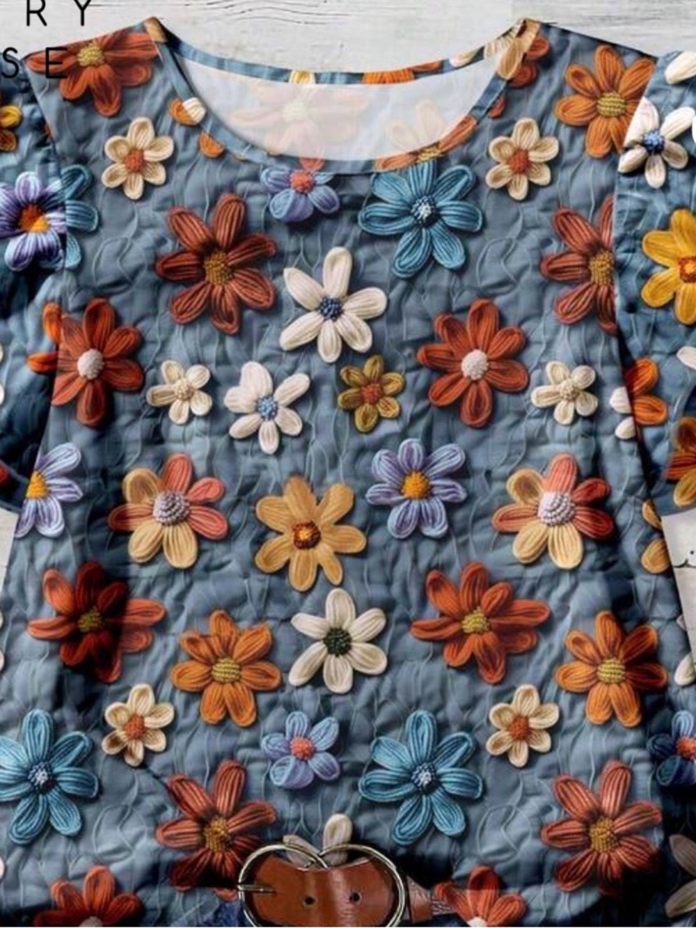 SHEIN Blue Long Sleeve 3D Floral Applique Top